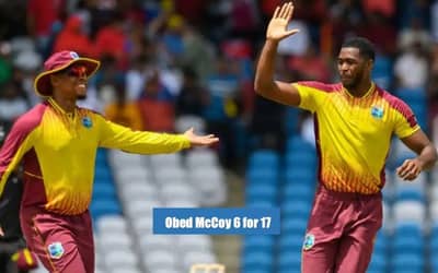 Obed McCoy takes the first-ever five-for against India in T20 internationals history